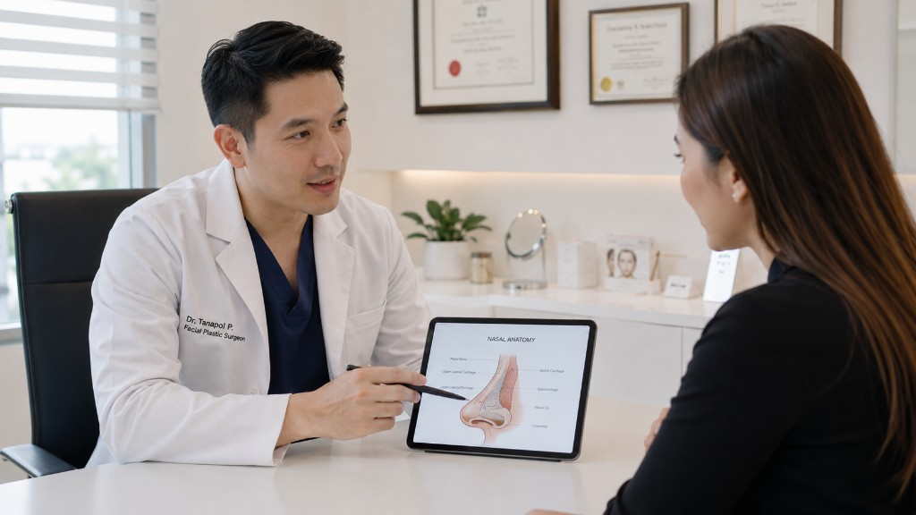 A surgeon providing a plastic surgery consultation to a client